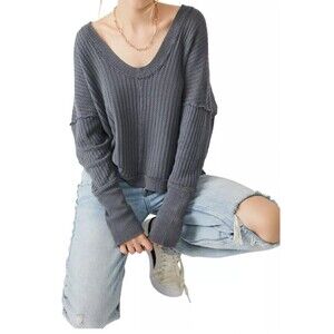 We The Free New Magic Thermal Long Sleeve Waffle Knit Faded Black M Boho Grunge